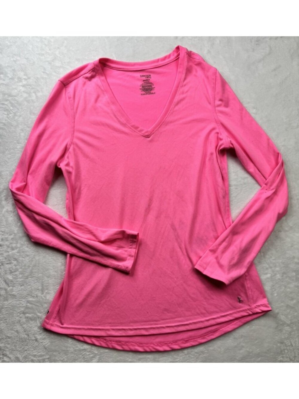 Danskin Size L Womens Semi Fitted Tee Shirt Top Pink V Neck Long Sleeve